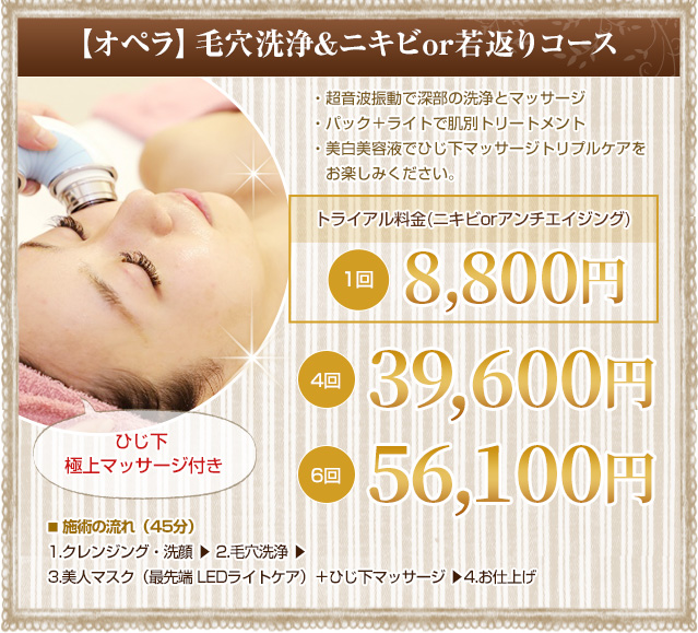 【オペラ】毛穴洗浄＆ニキビ or 若返りコース 6回¥56,100 4回¥39,600